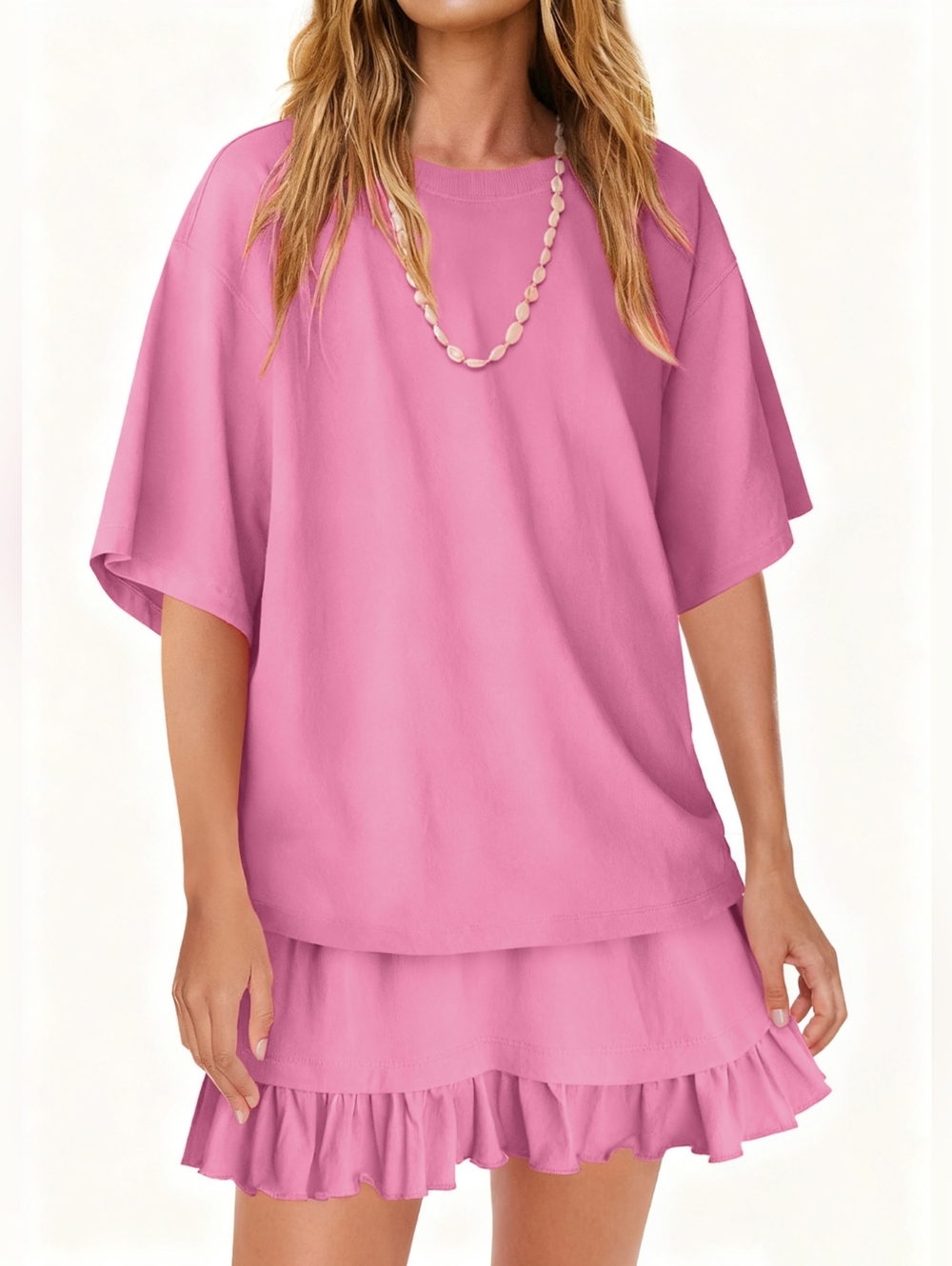 Casual Pink Ruffle-Hem Skirt And Comfy Tee Top Set - Picture 4 of 8